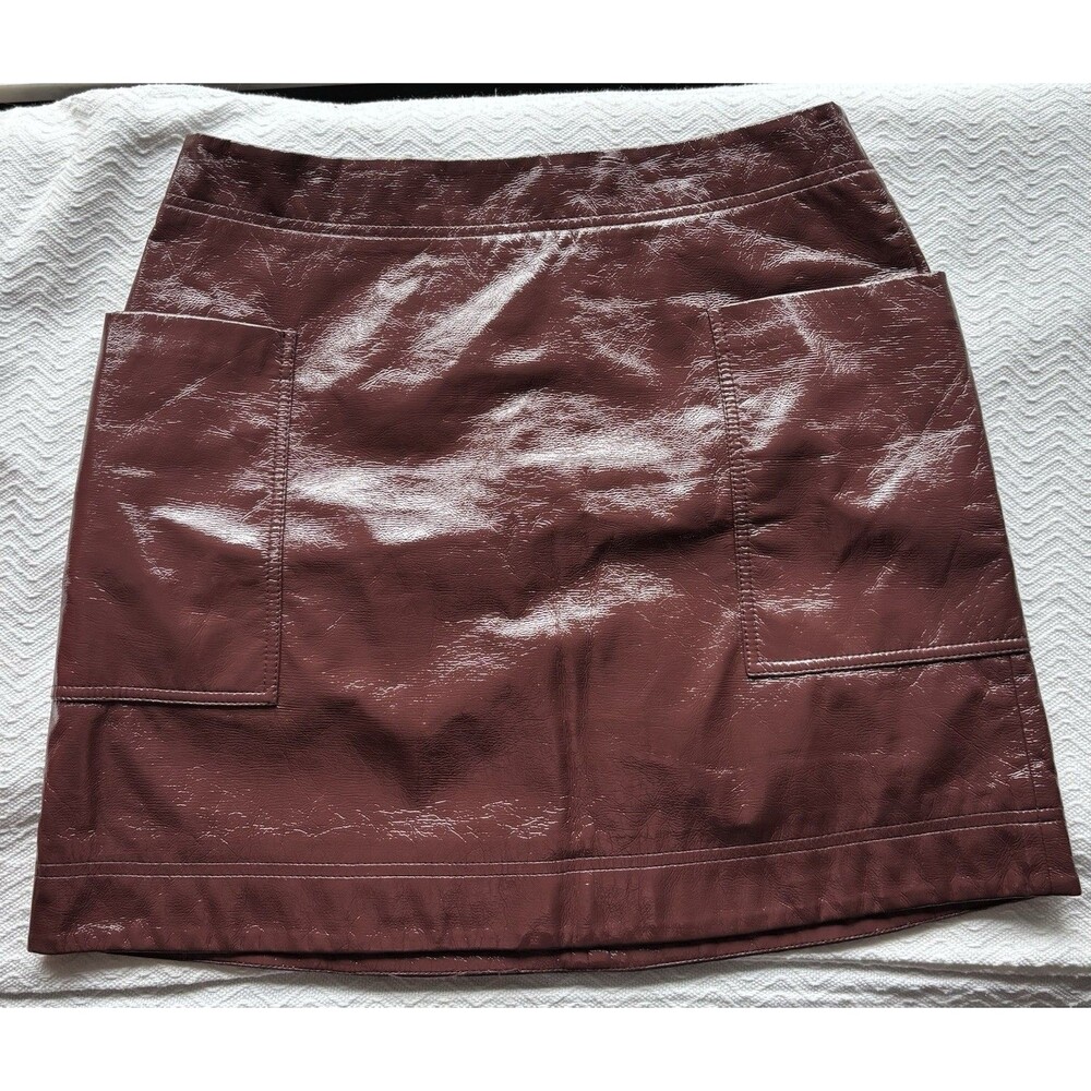 Anthropologie Mauve Faux Leather Skirt Sz 14 Wine Maroon Brown Fully Lined